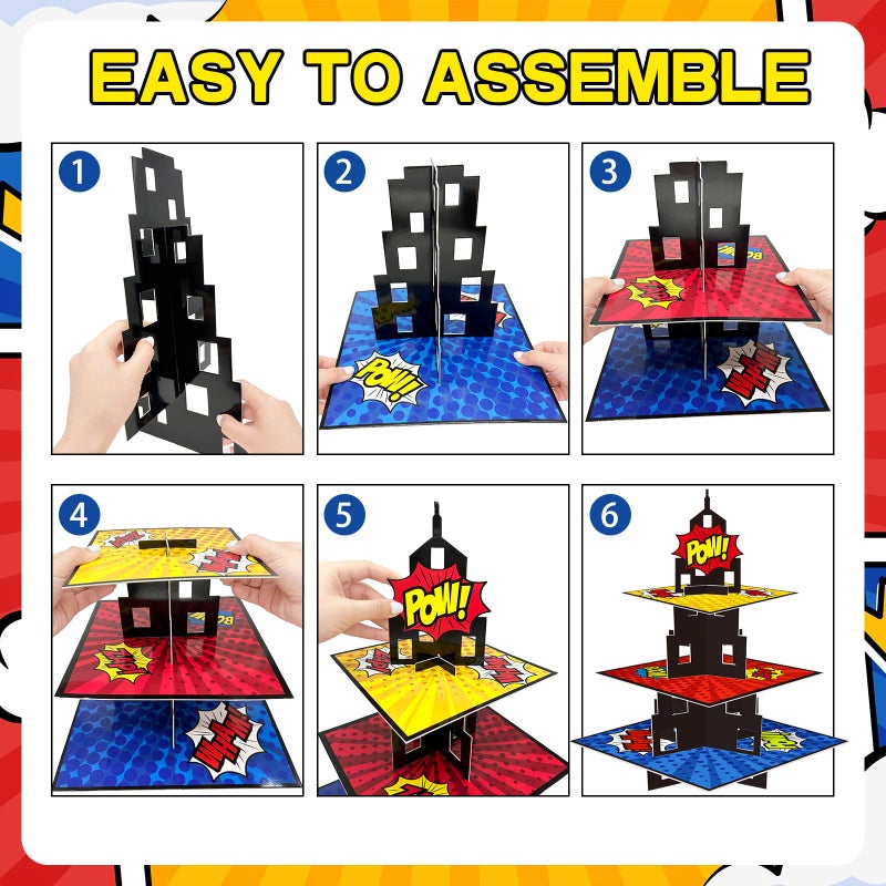 KALEFO Superhero Party Supplies Cake Stand 3 Tier Cupcake Stand Super Hero Parties Favors Mini Cup Cake Holder for Birthday Decorations (Superhero) - Image 4